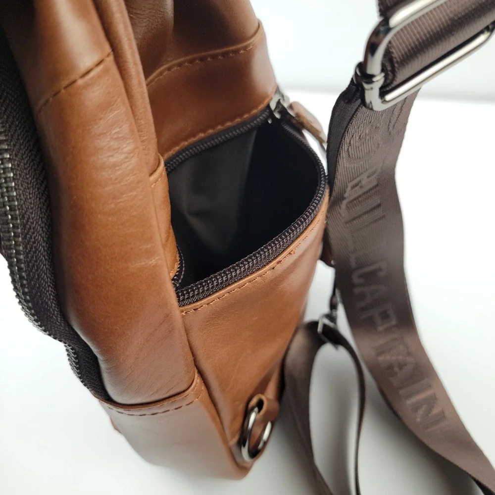 Bullcaptain Mens Brown Leather Sling Bag Crossbody Backpack with USB Port